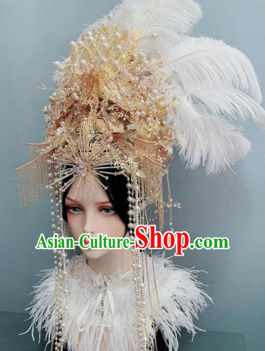 Top Grade Handmade Court Queen Deluxe White Feather Hair Crown Stage Show Golden Phoenix Coronet Wedding Hair Ornament