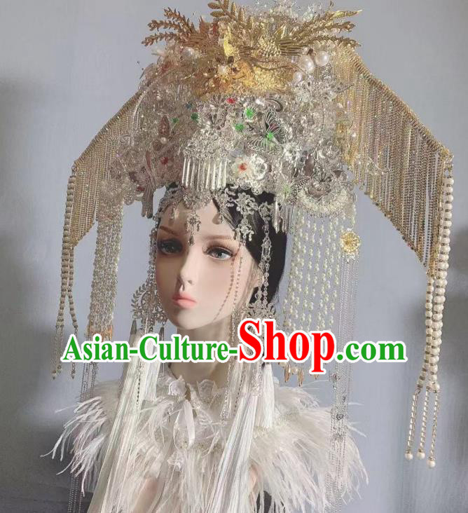 Top Grade China Wedding Hair Ornament Handmade Court Queen Deluxe Beads Tassel Hair Crown Stage Show Bride Phoenix Coronet