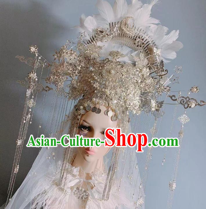 Top Grade Baroque Stage Show Bride Phoenix Coronet China Wedding Hair Ornament Handmade Court Queen Deluxe White Feather Hair Crown