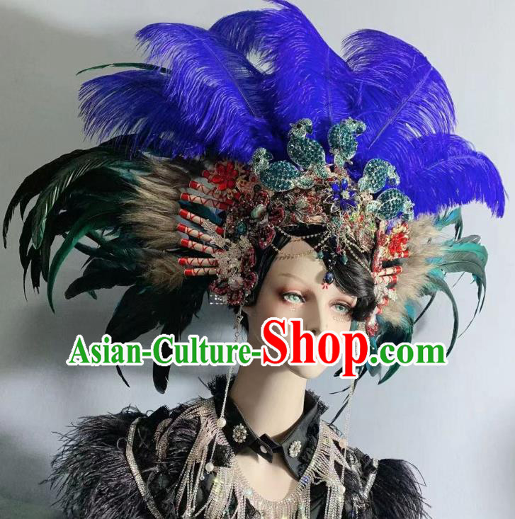 Top Baroque Wedding Bride Royalblue Feather Royal Crown Court Queen Deluxe Headdress Handmade Halloween Stage Show Hair Ornament