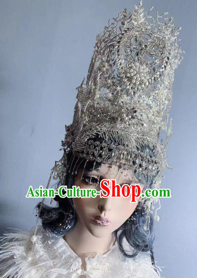 Top Court Queen Deluxe Headdress Handmade Halloween Stage Show Hair Ornament Baroque Wedding Bride Argent Royal Crown