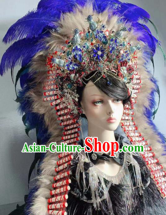 Top Court Handmade Indian Chief Royalblue Feather Hat Halloween Stage Show Hair Ornament Baroque Deluxe Headdress