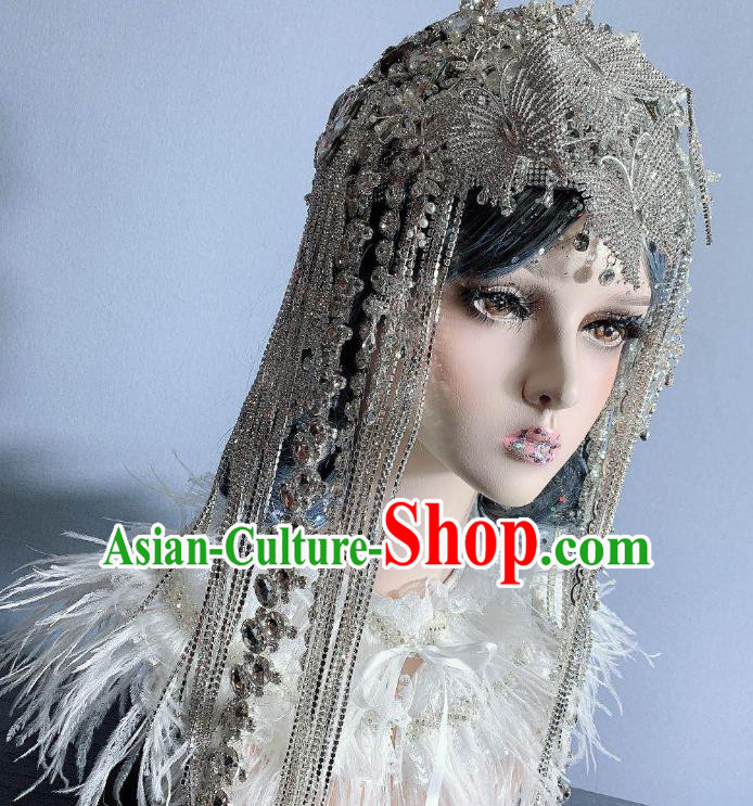 Top Court Handmade Crystal Tassel Royal Crown Stage Show Hair Ornament Baroque Bride Deluxe Headdress