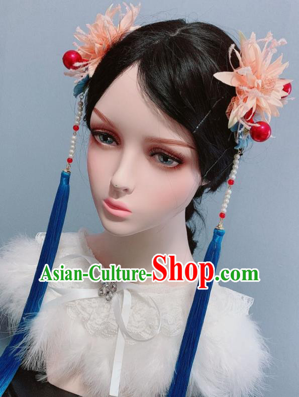 Chinese Hanfu Pink Silk Flower Hair Sticks Traditional Court Hair Accessories Ancient Empress Blue Tassel Hairpins