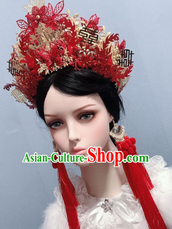 Handmade Wedding Red Hair Crown Chinese Traditional Phoenix Coronet Hair Accessories Ancient Bride Headwear