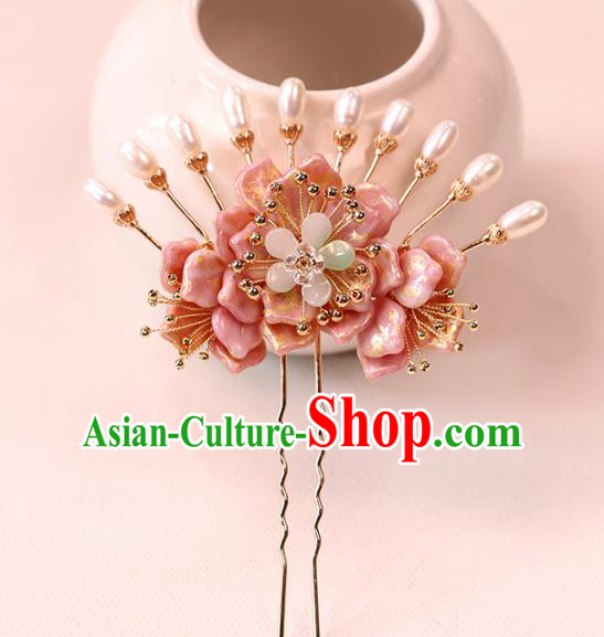 Chinese Traditional Hanfu Pink Flower Hairpin Wedding Hair Accessories Ancient Bride Pearls Hair Stick