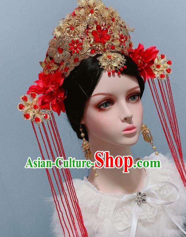 Handmade Chinese Qing Dynasty Wedding Red Hair Crown Traditional Hair Accessories Ancient Empress Headwear