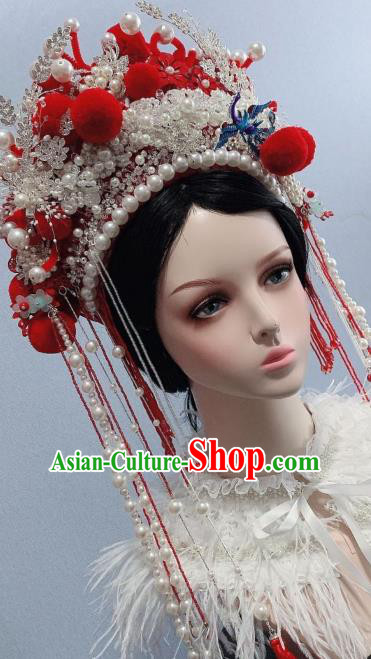 Handmade Chinese Wedding White Beads Flowers Hair Crown Ancient Empress Phoenix Coronet Traditional Hair Accessories