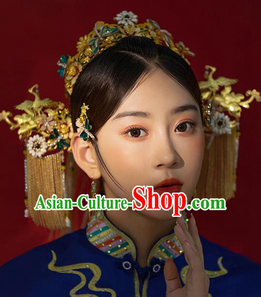 Traditional China Ancient Bride Golden Hair Crown Hairpins Handmade Phoenix Coronet Wedding Hair Ornament Full Set