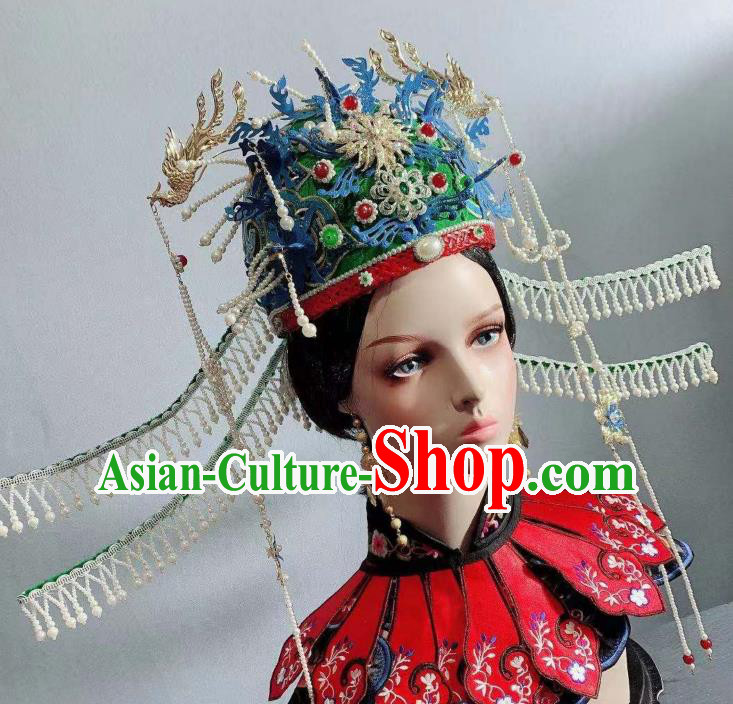 China Ancient Ming Dynasty Empress Green Phoenix Coronet Tassel Hairpins Traditional Drama Hair Accessories Full Set