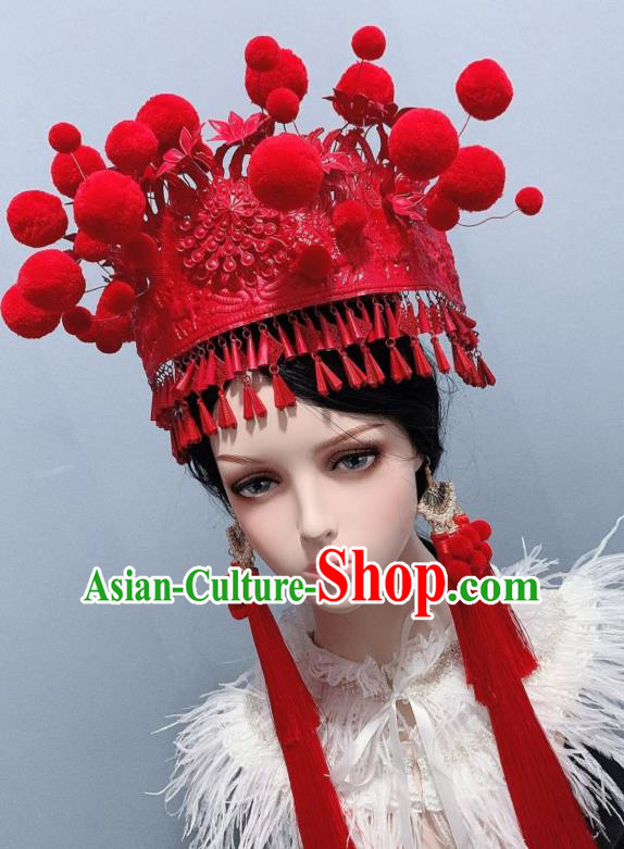 Handmade Chinese Bride Tassel Phoenix Coronet Traditional Wedding Hair Accessories Ethnic Red Hat