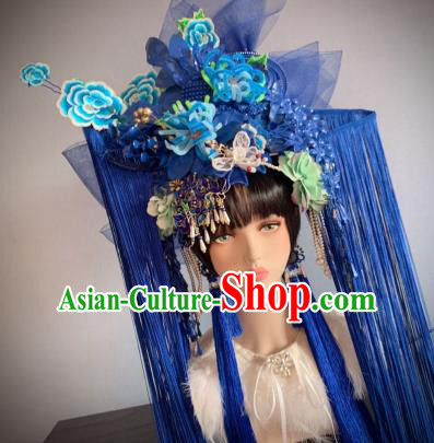 Handmade Chinese Bride Blue Velvet Chrysanthemum Phoenix Coronet Traditional Wedding Hair Accessories Stage Performance Hair Crown