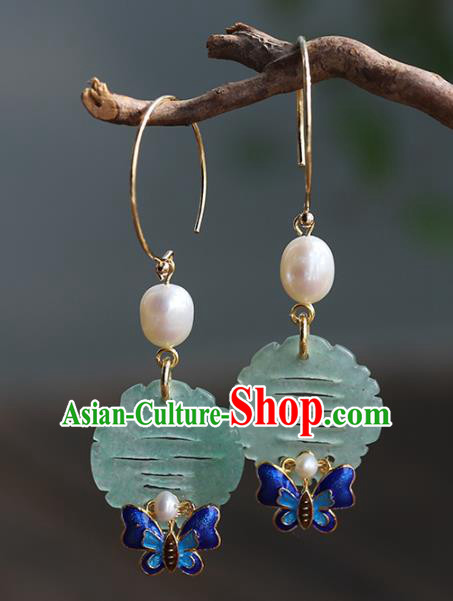 Handmade Chinese Ancient Bride Jade Earrings Jewelry Traditional Wedding Blueing Butterfly Ear Accessories