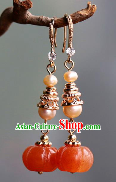 Handmade Chinese Ancient Qing Dynasty Pearls Earrings Jewelry Traditional Wedding Agate Pumpkin Ear Accessories