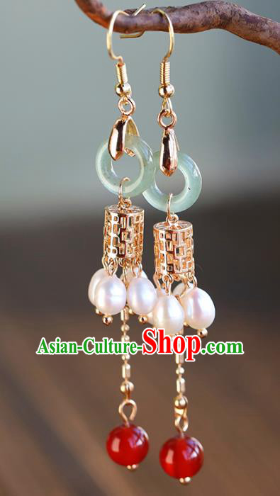 Handmade Chinese Ancient Bride Aventurine Earrings Jewelry Traditional Wedding Golden Ear Accessories