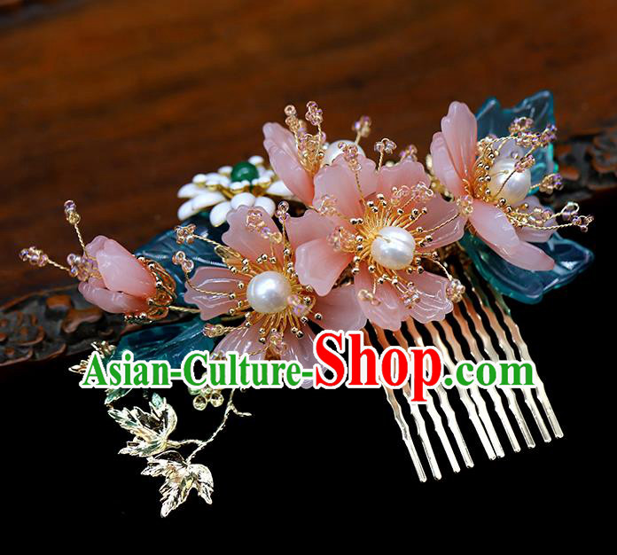 Chinese Traditional Hanfu Pink Flowers Hair Comb Wedding Hair Accessories Ancient Bride Hairpin