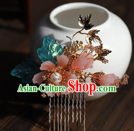 Chinese Wedding Hair Accessories Ancient Bride Hairpin Traditional Hanfu Pink Flowers Hair Comb