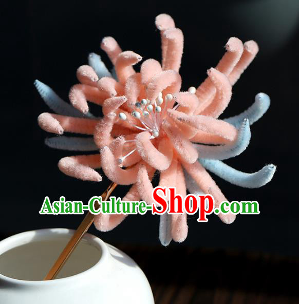 Chinese Wedding Hair Accessories Ancient Bride Pink Velvet Chrysanthemum Hairpin Traditional Hanfu Hair Stick