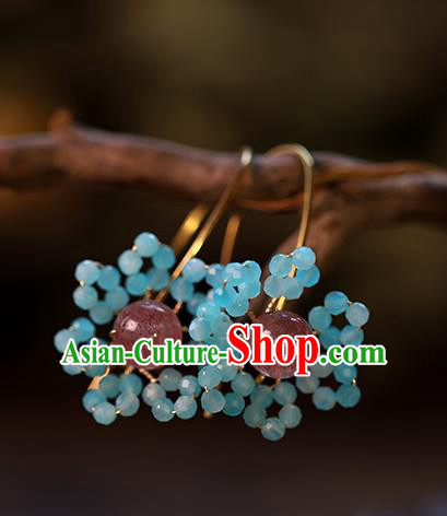 Handmade Chinese Ancient Bride Blue Beads Earrings Jewelry Traditional Wedding Amethyst Ear Accessories