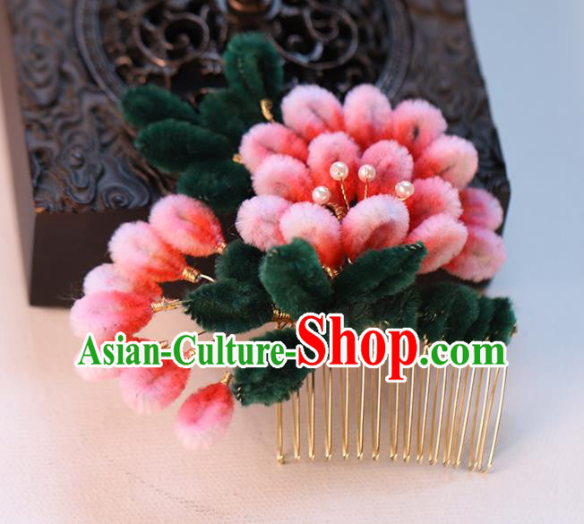 Chinese Wedding Hair Accessories Ancient Bride Pink Velvet Flowers Hairpin Traditional Hanfu Hair Comb