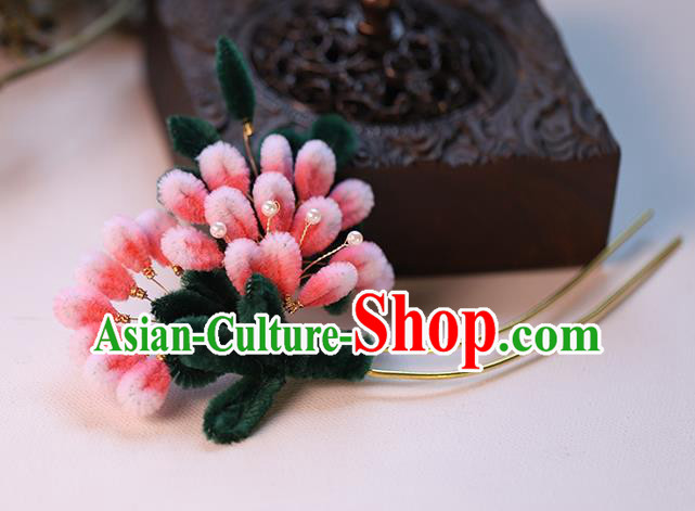 Chinese Ancient Bride Pink Velvet Flowers Hairpin Traditional Hanfu Hair Stick Wedding Hair Accessories