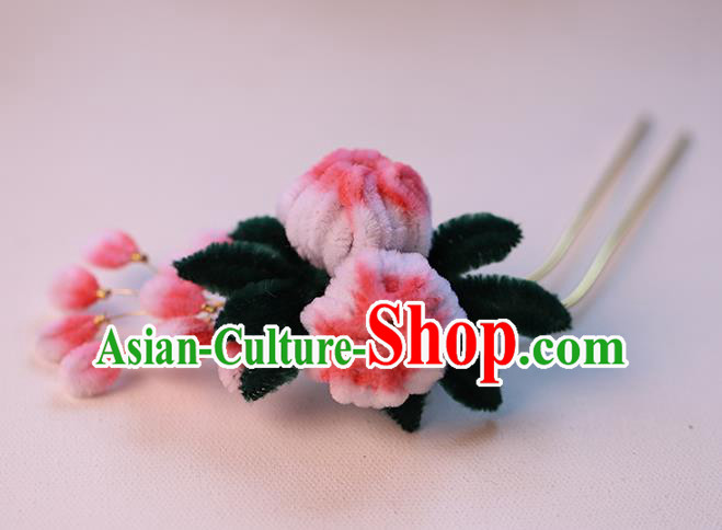 Chinese Traditional Hanfu Hair Stick Wedding Hair Accessories Ancient Bride Pink Velvet Chrysanthemum Hairpin