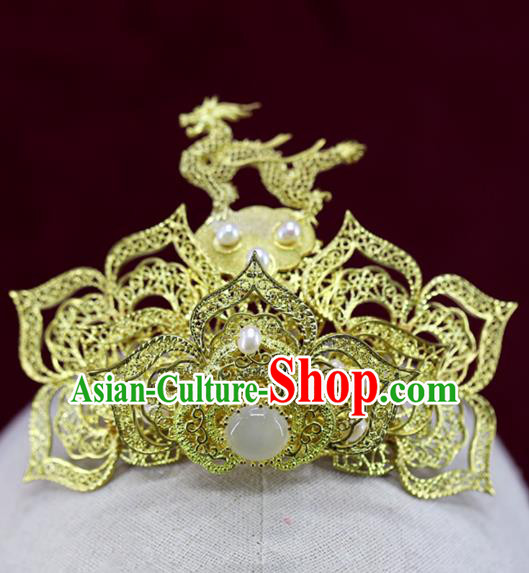 Chinese Traditional Ming Dynasty Golden Hair Crown Wedding Hair Accessories Ancient Bride Brass Hairpin