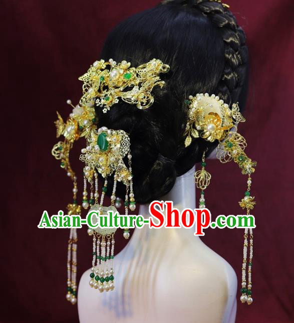 Traditional China Ancient Bride Jade Tassel Hair Comb Handmade Hairpins Wedding Hair Ornament Full Set