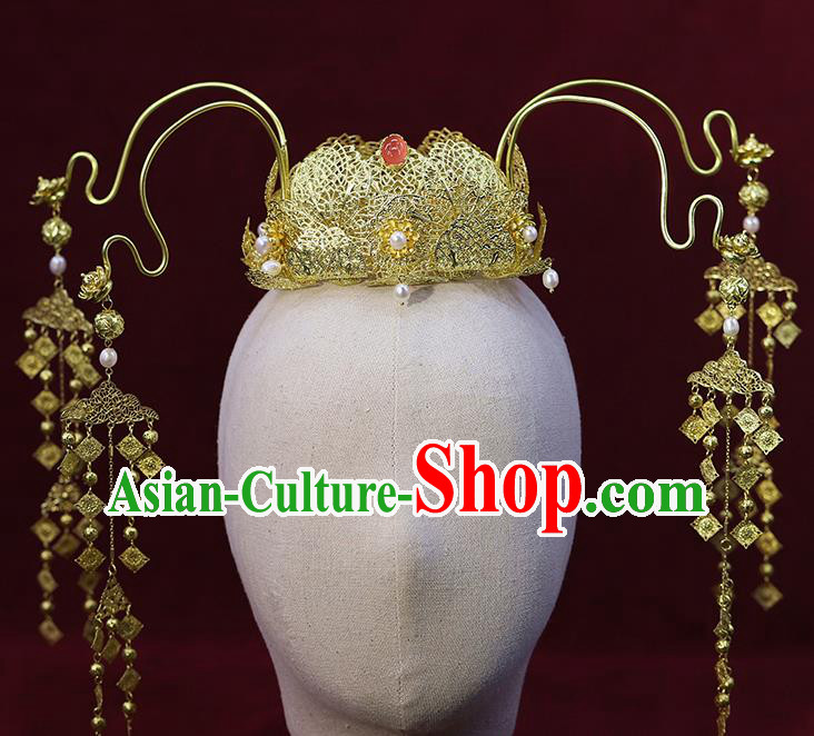 Traditional China Ancient Bride Golden Lotus Hair Crown Hairpins Handmade Wedding Hair Ornament Phoenix Coronet Full Set