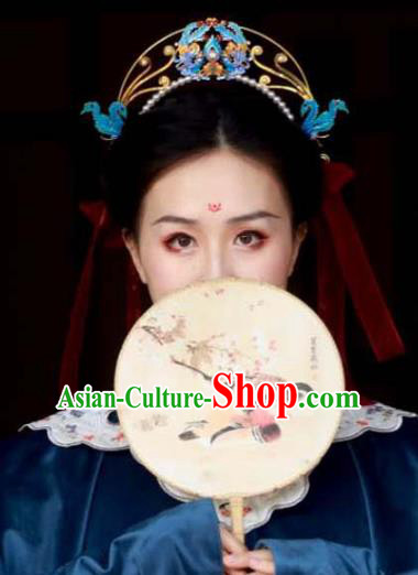 Chinese Traditional Hanfu Hairpin Hair Accessories Ancient Ming Dynasty Blueing Phoenix Hair Crown