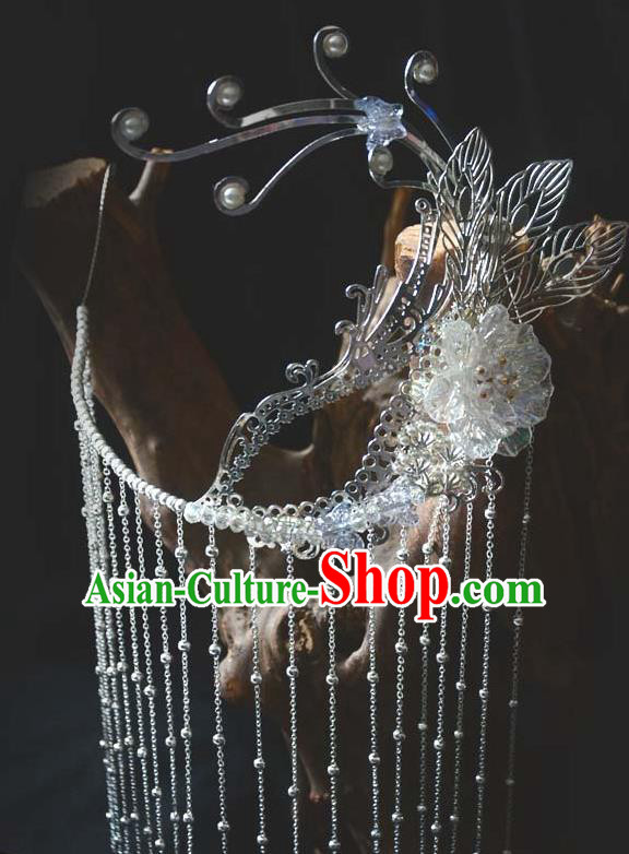 China Ancient Female Swordsman Argent Tassel Face Mask Traditional Drama Accessories