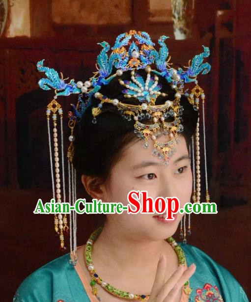 Traditional China Ancient Queen Blueing Phoenix Coronet Wedding Hair Ornament Handmade Hairpins Full Set