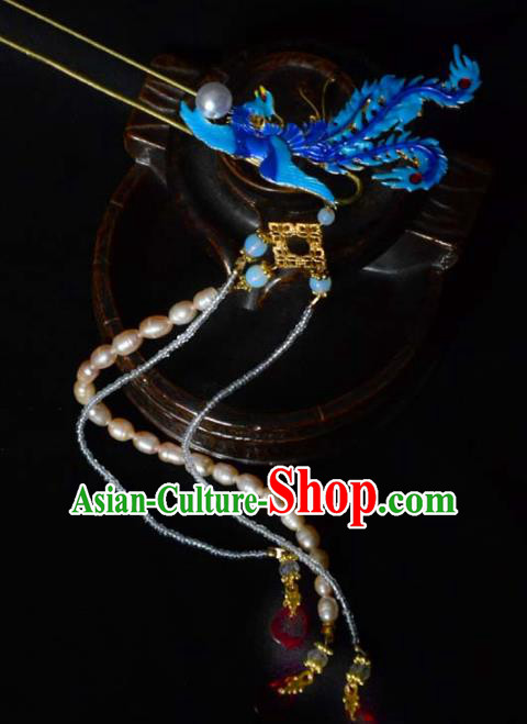 Chinese Ancient Empress Pearls Tassel Hairpin Hanfu Hair Accessories Traditional Blueing Phoenix Hair Stick