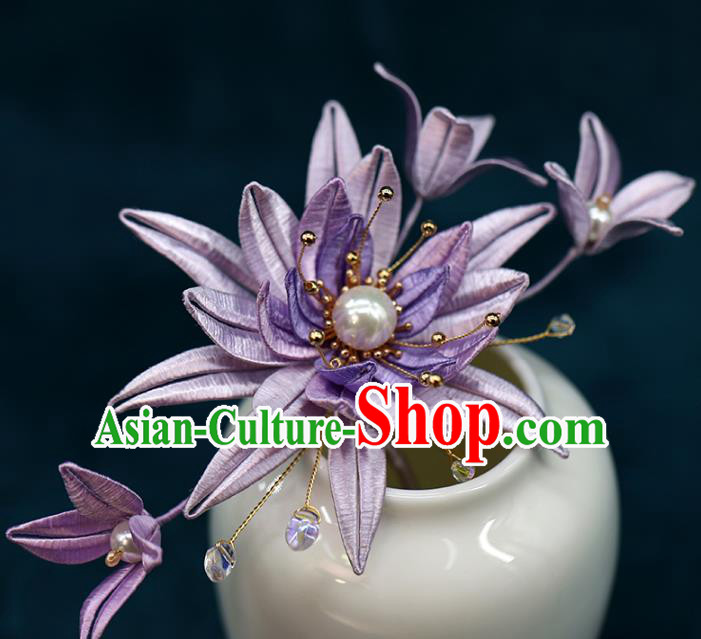 Chinese Traditional Wedding Hair Accessories Hanfu Hair Stick Ancient Bride Purple Silk Epiphyllum Hairpin