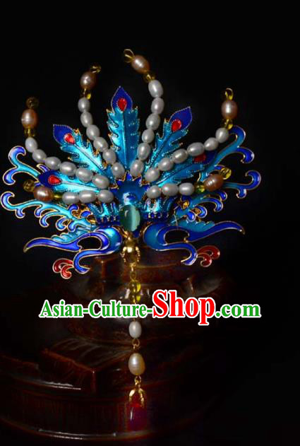 Chinese Traditional Blueing Phoenix Hair Crown Ancient Empress Pearls Hairpin Hanfu Hair Accessories