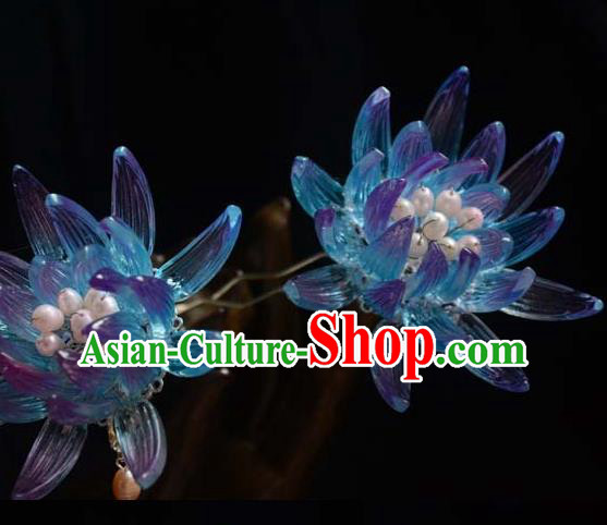 Chinese Ancient Empress Blue Epiphyllum Hairpin Traditional Hair Accessories Hanfu Hair Stick