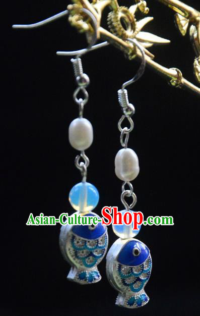 Handmade Chinese Ancient Princess Argent Earrings Jewelry Traditional Blueing Fish Ear Accessories