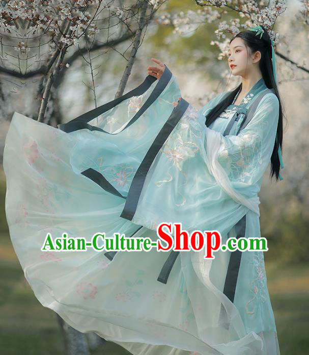 Traditional China Tang Dynasty Palace Princess Blue Hanfu Dress Ancient Court Infanta Historical Clothing