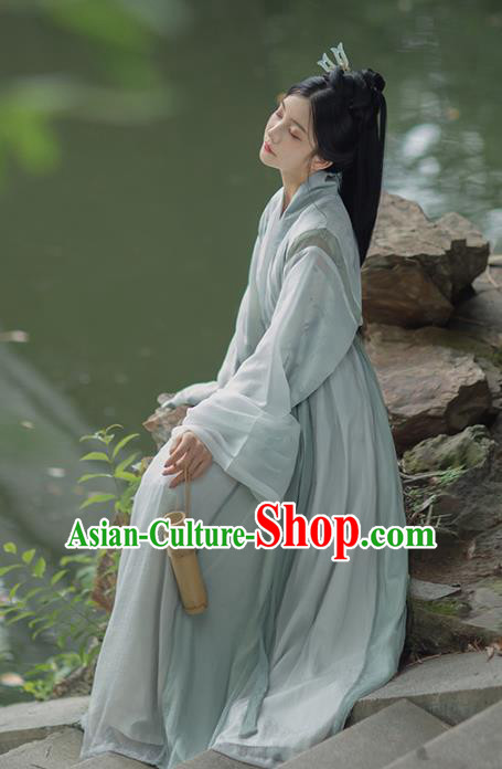 Traditional China Jin Dynasty Noble Infanta Historical Clothing Ancient Female Swordsman Blue Hanfu Dress