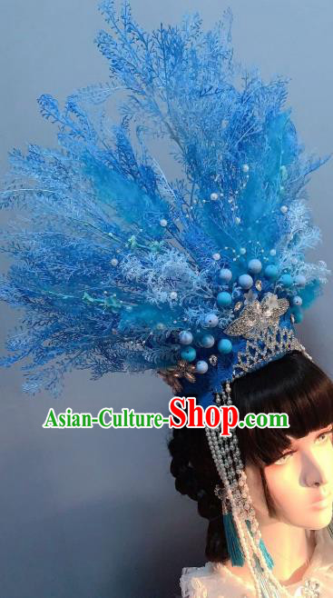 Top Baroque Queen Hat Hair Accessories Handmade Blue Royal Crown Stage Show Hair Ornament