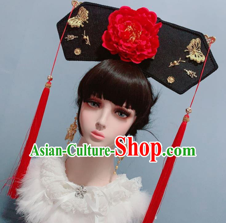 China Traditional Drama Court Phoenix Coronet Ancient Imperial Consort Hair Accessories Qing Dynasty Red Peony Hat