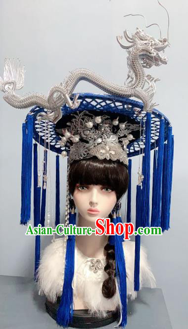 Handmade Chinese Argent Dragon Bamboo Hat Traditional Wedding Hair Accessories Stage Performance Royalblue Tassel Headwear