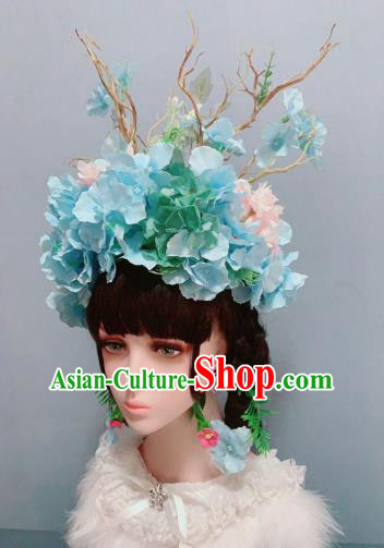 Top Hair Ornament Handmade Blue Flowers Royal Crown Wedding Princess Hair Accessories Stage Show Chaplet