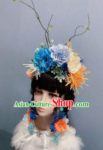 Top Wedding Princess Hair Accessories Chaplet Stage Show Headwear Handmade Blue Peony Royal Crown