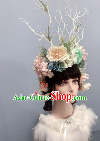 Top Handmade Royal Crown Stage Show Headwear Wedding Princess Hair Accessories White Peony Flowers Chaplet