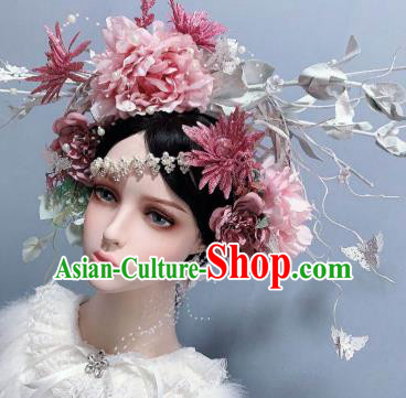 Top Stage Show Headwear Wedding Princess Hair Accessories Pink Peony Flowers Chaplet Handmade Royal Crown