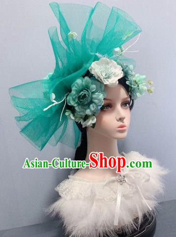 Top Stage Show Princess Headwear Wedding Hair Accessories Handmade Peony Royal Crown Green Veil Top Hat