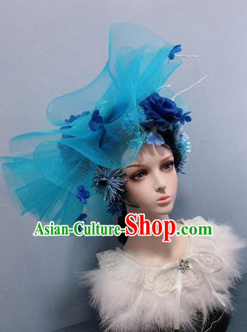 Top Blue Veil Top Hat Stage Show Princess Headwear Wedding Hair Accessories Handmade Rose Royal Crown