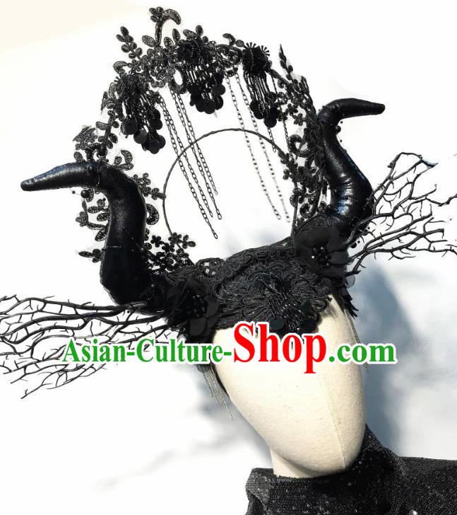 Handmade Halloween Cosplay Hair Accessories Gothic Queen Black Horn Royal Crown Stage Show Headdress