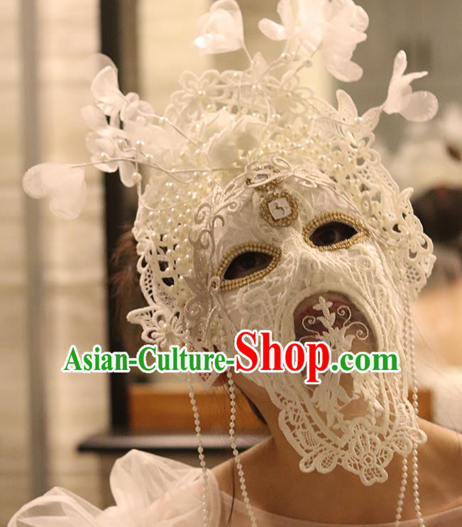 Top Stage Performance Silk Flowers Face Accessories Fancy Ball Decorations Halloween Cosplay Princess White Lace Feather Mask